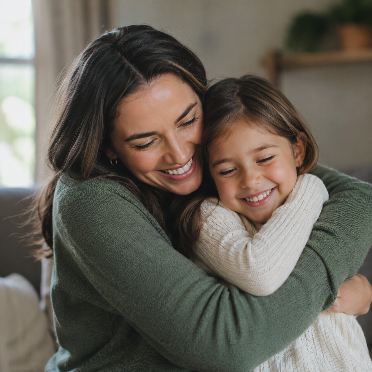 A mother hugging her daughter at home
